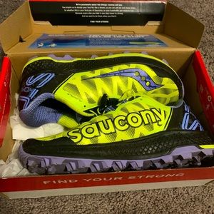 Saucony trail shoes in bright green &purple. Great for walking/running trails.
